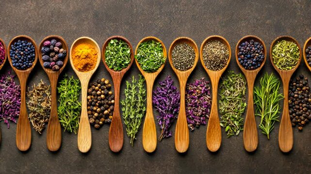 A row of wooden spoons filled with various dried herbs and spices, showcasing colorful natural ingredients.