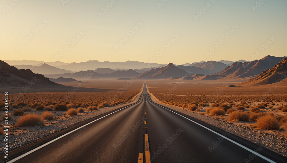 Poster the image shows an empty road in the middle of a desert