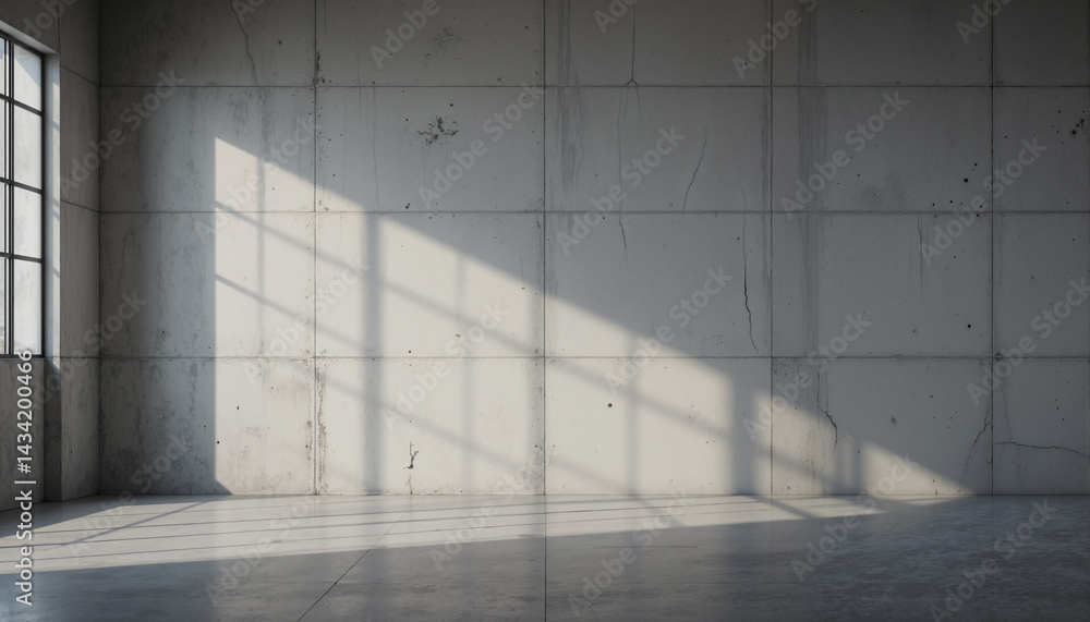 Poster the image shows an empty room with a large window on the left side and a concrete wall in the backgr