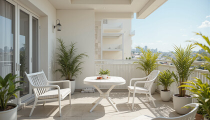 The image shows a balcony with a table and chairs on it