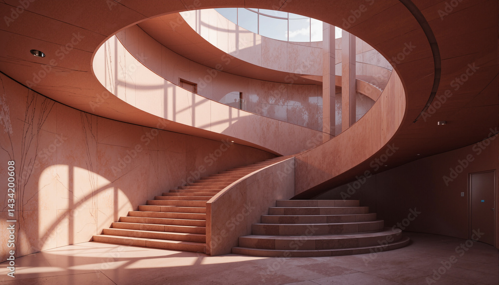 Poster the image shows a spiral staircase in a building with a skylight above it. the staircase is made of 
