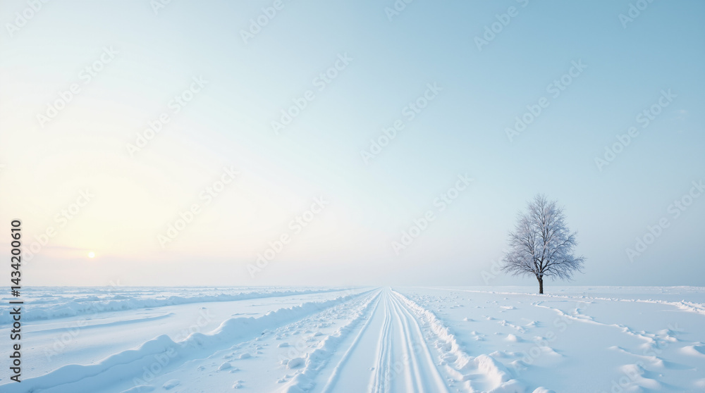 Poster the image shows a lone tree standing in the middle of a snowy field