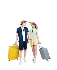 full body image of asian couple wearing travel clothes, pull suitcase and posing on background	

