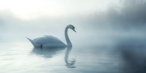 Fototapeta premium Misty lake swan reflection