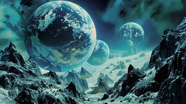 A futuristic landscape with icy mountains and glowing alien planets in the background, set in a cosmic scene.