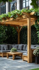 Fototapeta premium Cozy wooden patio area with greenery overhead