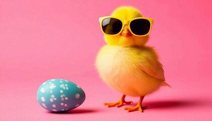happy easter concept holiday greeting card - Cool cute chick with sunglasses and easter egg, isolated on pink background