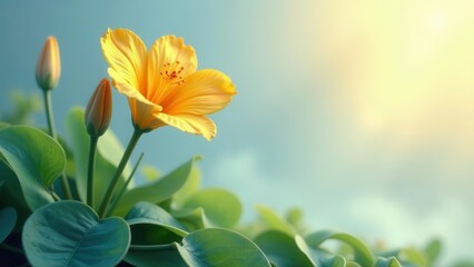 Fototapeta premium A single vibrant yellow flower blossoms against a serene, sunlit sky, showcasing its delicate petals and lush green foliage