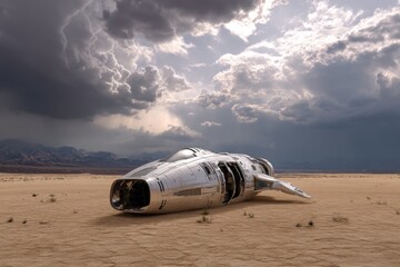 Futuristic spaceship lies abandoned in a barren desert beneath turbulent storm clouds