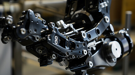 Fototapeta premium A robotic arm in a high tech factory, assembling precision parts for robots used in autonomous logistics and warehousing systems, Logistics-tech style