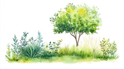 Watercolor painting of a lush green landscape with a tree and various plants.