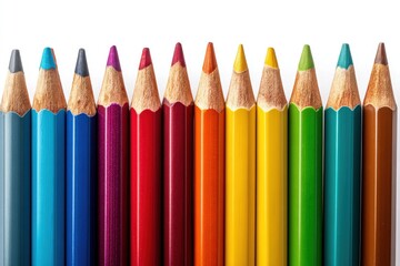Colorful sharpened pencils arranged in a row isolated on white background create a vibrant display