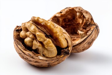 Obraz premium Close-up of a cracked open walnut revealing intricate textures and shell details on white background