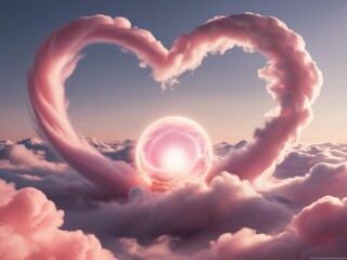Fototapeta premium Heart-shaped clouds with glowing orb, fantasy heart clouds above sky, dreamy heart clouds in pink atmosphere