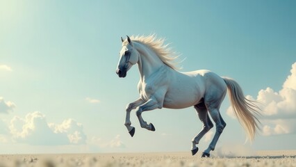 Obraz premium A Majestic White Horse in Full Gallop Across a Vast, Open Field Under a Serene Sky