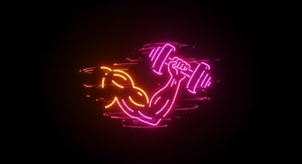 Obraz premium A neon icon of a muscular arm holding a dumbbell, with glowing pink and orange light streaks, energetic and vibrant style
