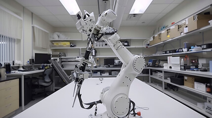 A robotic arm in a high tech lab, assembling components for robots used in autonomous 3D medical printing systems, Health-tech style