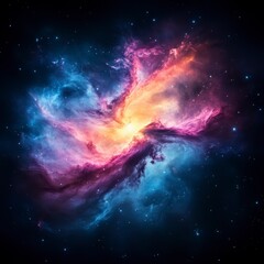 Fototapeta premium Cosmic swirl of pink, purple, blue, and orange nebula gas clouds in dark space with scattered stars. 