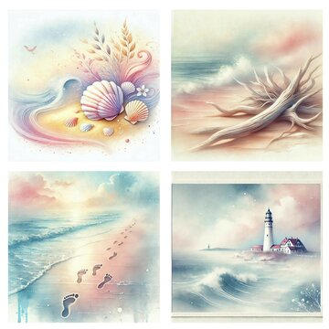 Set aus 4 maritimen Scrapbook-Papieren mit Muscheln, Treibholz, Fu&szlig;spuren im Sand und Leuchtturm. Perfekt f&uuml;r Sommer-DIYs, Karten und Strandtageb&uuml;cher.