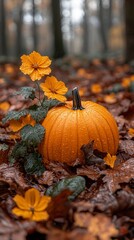 Autumn pumpkin with flowers in forest; fall foliage background