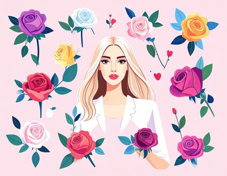 Una elegante mujer de cabello rubio y ojos penetrantes se encuentra en el centro de una composici&oacute;n floral estilizada. Alrededor de ella florecen rosas en una variedad de colores intensos