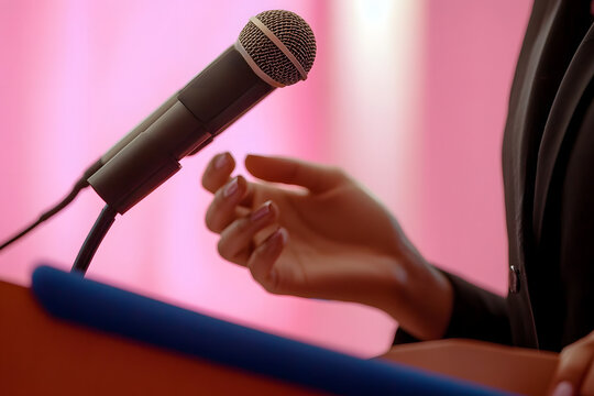 focus sur un micro et les mains d'un orateur pronon&ccedil;ant un discours &agrave; la tribune lors d'un meeting politique, d'un colloque ou d'une r&eacute;union