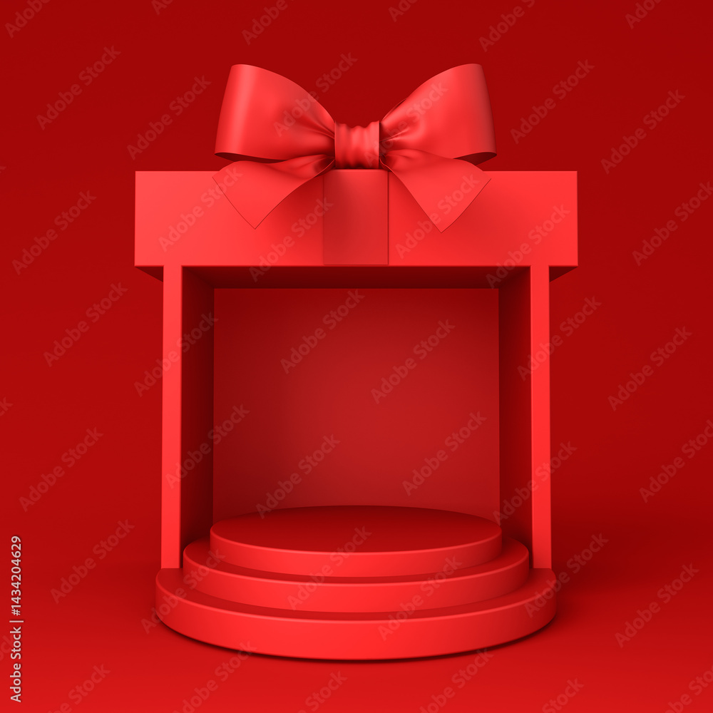Poster Blank red round podium pedestals in exhibition booth gift box product display mockup showcase stand with red ribbon bow isolated on red background with shadow creative idea conceptual 3D rendering