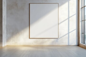 Minimalist bedroom with blank poster. AI generated illustration.