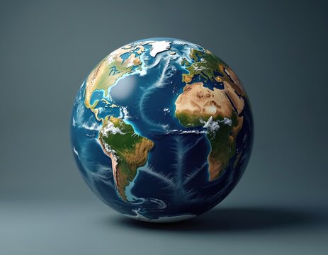 Highly detailed globe earth realistic textures colors. Vivid blue oceans, green continents, clouds. Represents planet in digital illustration. Perfect background for geography ecology concept.