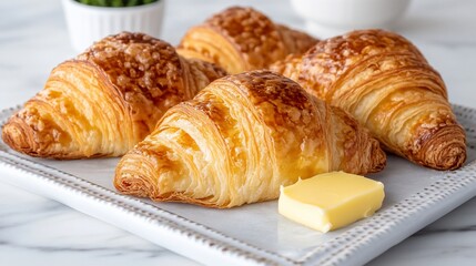 Freshly baked golden croissants with butter on a decorative plate