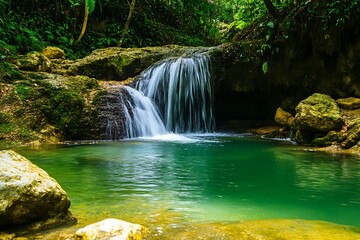 Serene Waterfall Cascading into Emerald Pool Lush Tropical Rainforest Paradise