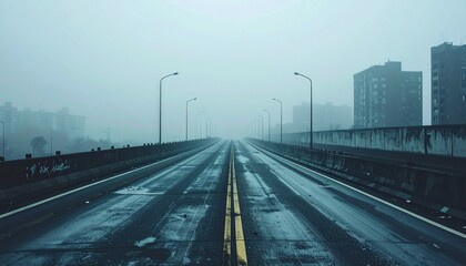 Fototapeta premium Empty elevated freeway vanishing into dense early morning fog