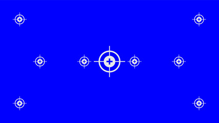 Blue screen template for chroma key video production. Blue screen background with tracking marker, viewfinder camera frame, video film screen template, overlay. 