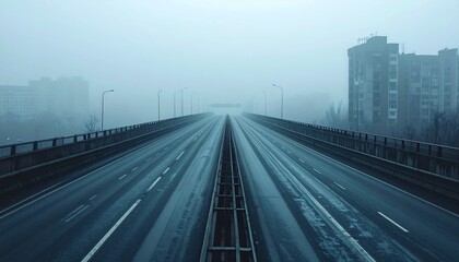 Empty elevated freeway vanishing into dense early morning fog