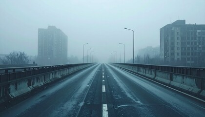 Fototapeta premium Empty elevated freeway vanishing into dense early morning fog