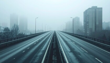 Fototapeta premium Empty elevated freeway vanishing into dense early morning fog