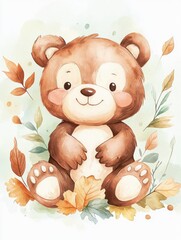 Adorable brown bear cub sitting amidst autumn leaves, watercolor style illustration. Soft colors and gentle expression.