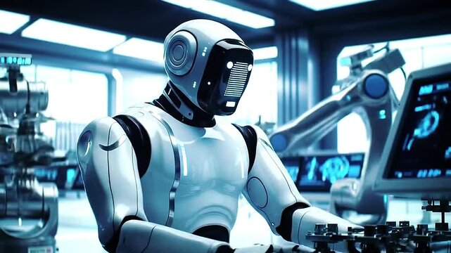 Futuristic humanoid robot working alongside machines in an automated manufacturing facility