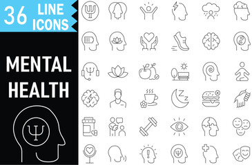 Mental Health and Psychology Line Icons Set | Thin Outline Vector Symbols for Therapy, Anxiety, Depression, and Emotional Care