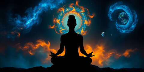 a surreal and cosmic theme. It depicts a silhouette of a person in a meditative pose, sitting on a rocky surface 
