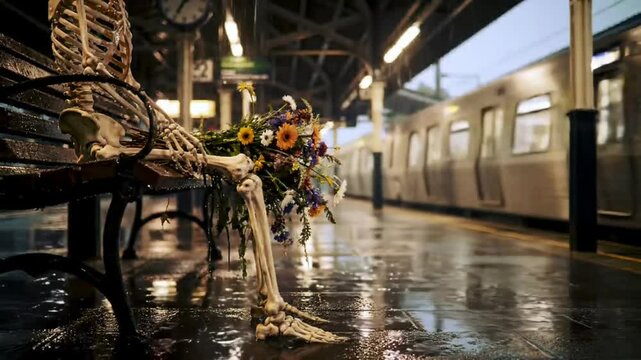 A skeleton holding a bouquet, sitting at a rainy train station