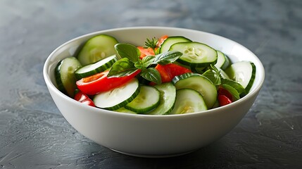 A white bowl filled with cucumbers and peppers
