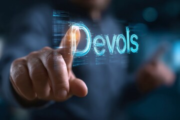 A man is pointing at a screen with the word Devols on it. The image has a futuristic and technological feel to it, with the word Devols appearing in a bold and futuristic font