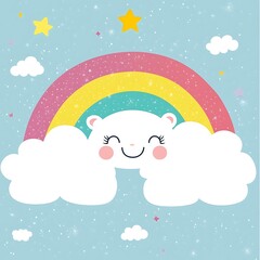 Cute rainbow with cloud and smiling bear illustration for kids