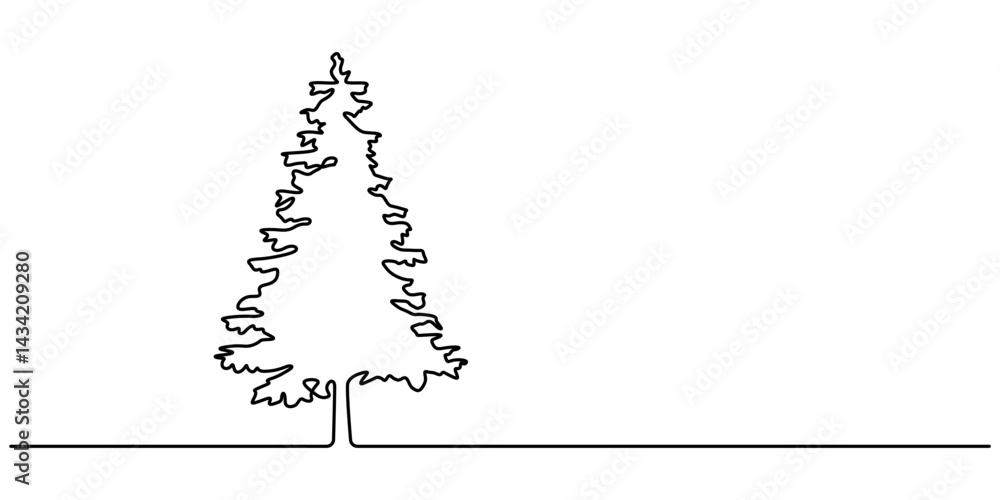 Poster Continuous one line drawing of tree on white background. Vector illustration, Tree in continuous line art drawing style. Giant and powerful tree black linear design isolated. Christmas tree one.