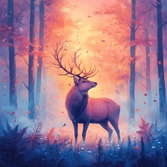Majestic stag stands in a mystical autumn forest bathed in warm, golden light, surrounded by falling leaves and soft mist. 