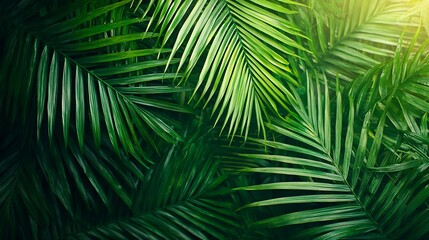 Lush Green Palm Fronds Texture: A Tropical Paradise Background with Vibrant Leaves and Natural Light for Serene Ambiance.
