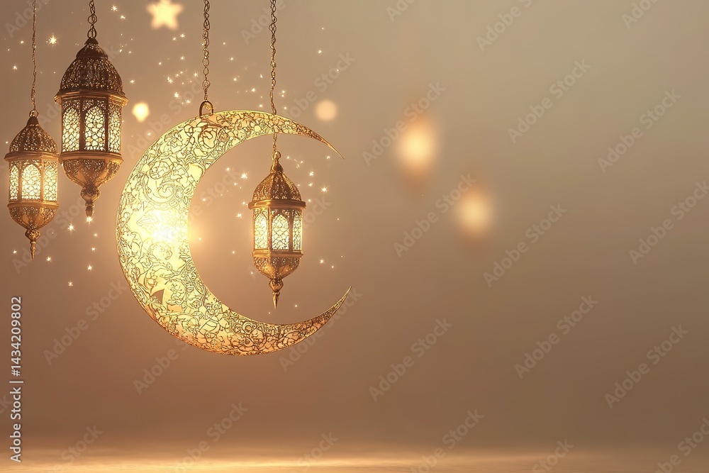 Poster golden moon and lanterns illuminate a soft background creating a festive atmosphere