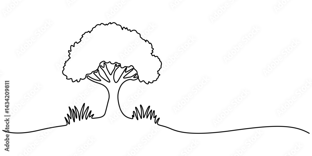Poster Continuous one line drawing of tree on white background. Vector illustration, Tree in continuous line art drawing style. Giant and powerful tree black linear design isolated. Christmas tree one.
