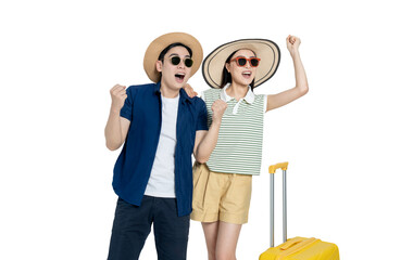 portrait of asian couple wearing travel clothes, carrying suitcases and posing on background	
